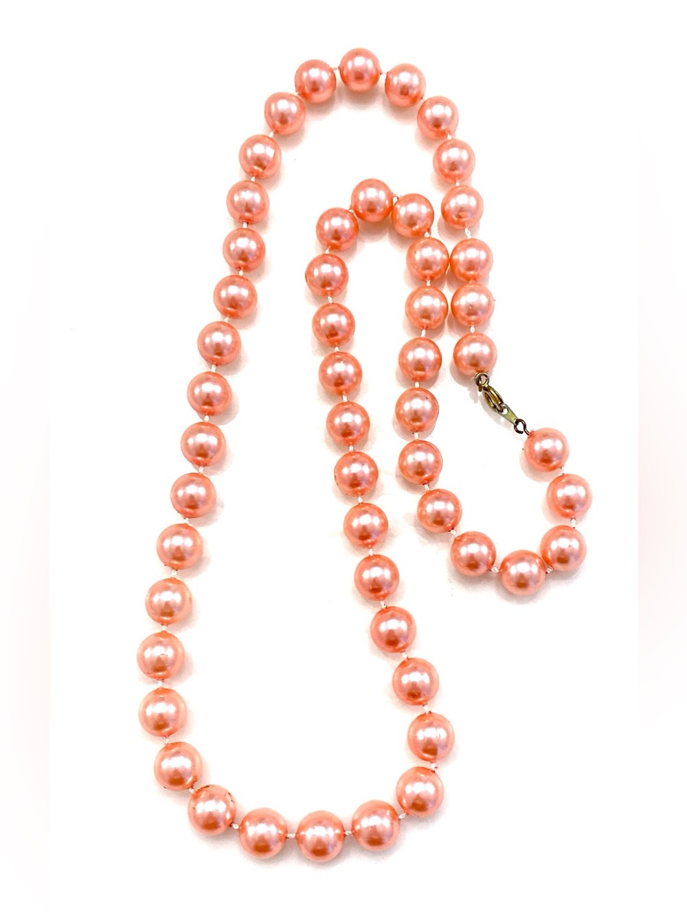 Vintage Salmon Pink Lightweight Faux Pearl Beaded Opera Strand Necklace Brass